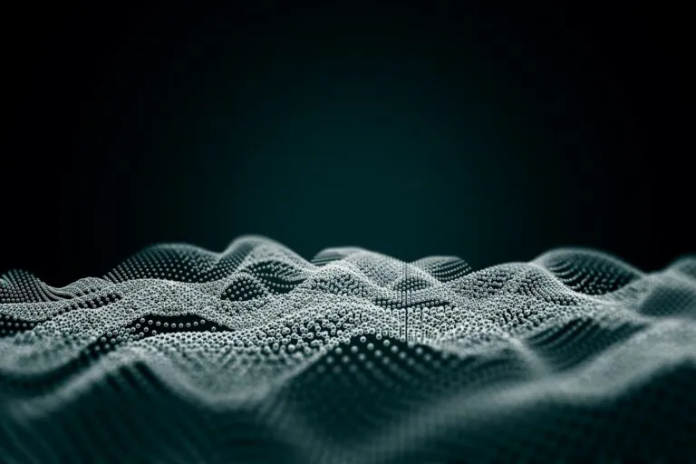 malha de pontos prateados interconectados flutuando em fundo preto ilustra o artigo sobre Rede Mesh
