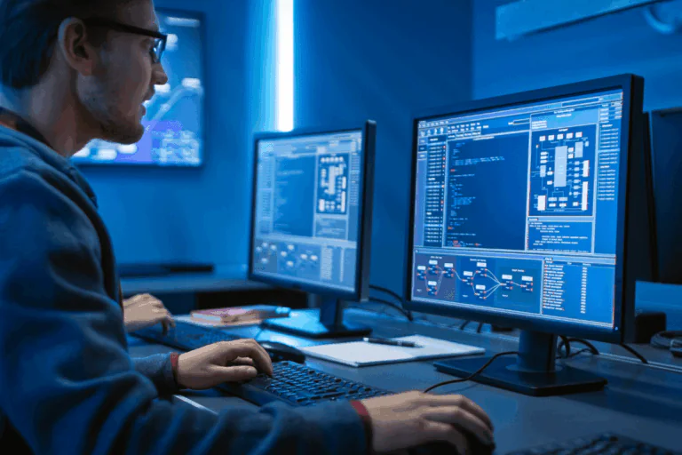 ilustra artigo sobre Azure Site Recovery foto de homem jovem, especialista em TI, observando linhas de códigos em um monitor de mesa, com tons de azul em toda a imagem
