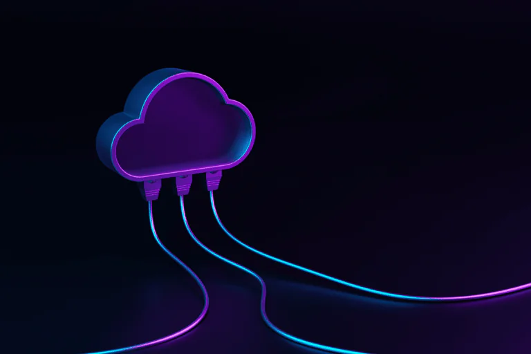 um hub de USB em neon roxo e azul claro, em formato de nuvem, ilustra artigo sobre gerenciamento de custo de serviço na nuvem