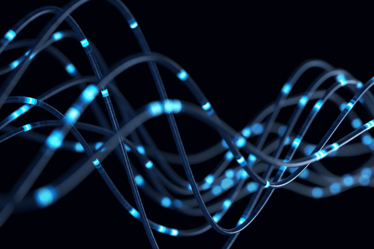 Redes neurais eletrônicas em neon azul ilustram artigo sobre o que é Data Fabric