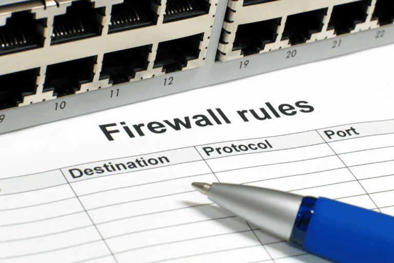 imagem mostrando uma tabela de regras de firewall com colunas para destino, protocolo e porta, ao lado de um roteador com várias portas de rede. Representa o gerenciamento de regras e a segurança da rede e ilustra artigo sobre regras de firewall no pfSense.