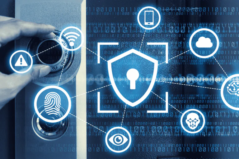 ilustrando artigo sobre firewalls pfSense, temos uma imagem conceitual de segurança digital com um escudo central representando proteção, conectado a ícones de tecnologia como Wi-Fi, impressão digital, nuvem, dispositivos móveis e alertas, simbolizando segurança de rede em ambientes corporativos. Fundo com números binários e um cofre manual reforçam a ideia de proteção avançada.