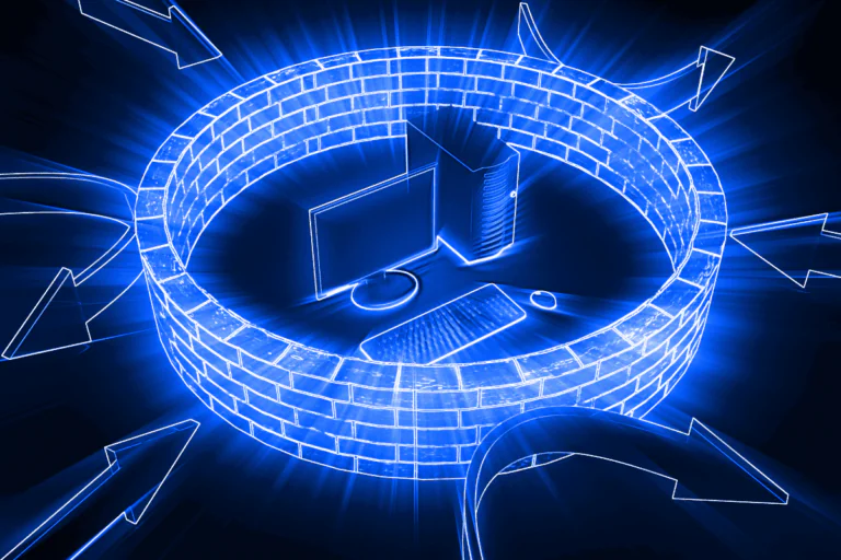 Representação visual de um firewall digital protegendo dispositivos e dados, destacando o conceito de segurança de rede com soluções Fortinet.