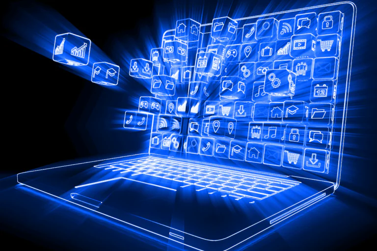 representação digital de um laptop com ícones de aplicativos saindo da tela em uma linha azul neon ilustra artigo sobre integração de Power Apps com SharePoint e Microsoft Teams