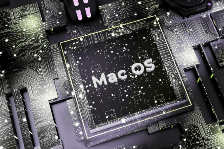 ilustrando artigo sobre o que é MacOS e suas vantagens, vemos o interior de um processador com uma placa onde se lê Mac OS; a ilustração tem labirintos de redes em neon verde.