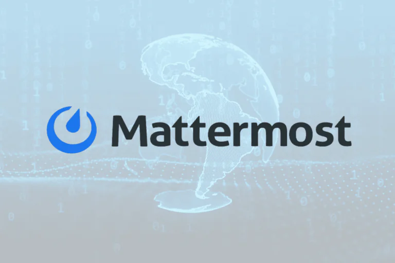 logotipo do Mattermost sobre fundo de globo terrestre em neon e código binário em ilustração