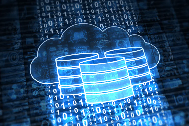 ilustração digital de migração para o Microsoft 365, com ícones de banco de dados representando o armazenamento na nuvem e números binários flutuando ao redor, simbolizando a transferência de dados e a transformação digital para uma infraestrutura baseada na nuvem.