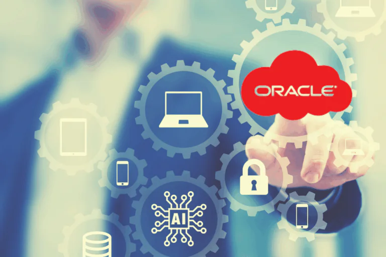 Montagem de imagem com ícones de TI e logotipo da Oracle ilustra artigo sobre Oracle Cloud Implementação