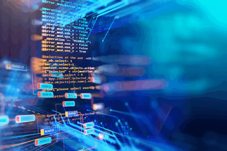 imagem abstrata em tons de azul representando um ambiente digital de desenvolvimento de software, com linhas de código e fluxos de dados conectados entre blocos e nós, simbolizando a criação de aplicativos personalizados com Power Apps.