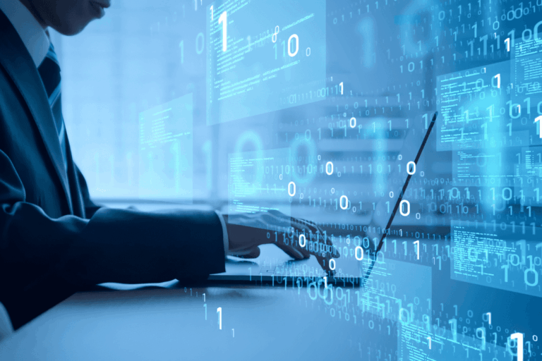 Pessoa digitando em um laptop, com elementos gráficos de código binário (números 0 e 1) e telas virtuais flutuando ao redor, representando conceitos de automação, análise de dados e tecnologia digital para ilustrar artigo sobre Power Automate.