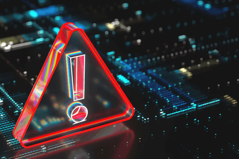 grande ponto de exclamação dentro de triângulo vermelho, em neon, em cima de uma tela eletrônica com pontos eletrônicos, ilustra artigo com dicas de proteção contra phishing