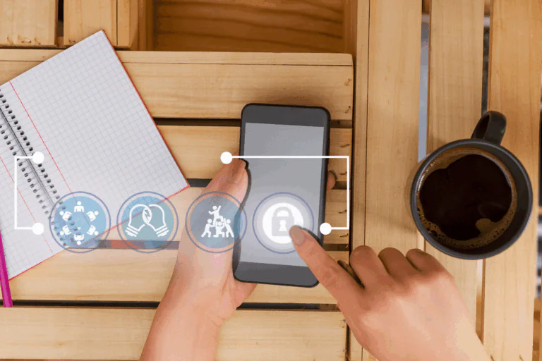 mão de mulher mexendo em celular de acesso restrito, em cima da mesa, ao lado de um caderno e uma xícara de café, é a foto que ilustra artigo sobre segurança de credenciais