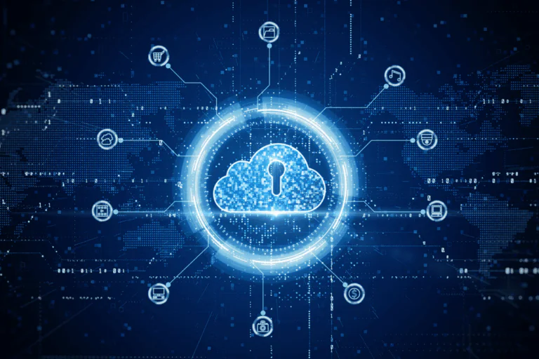 ilustrando artigo sobre estratégias de segurança na nuvem, vemos uma imagem de cadeado em forma de nuvem para onde convergem setas de vários dispositivos eletrônicos. A ilustração é em neon azul claro e branco em um fundo de azul escuro.