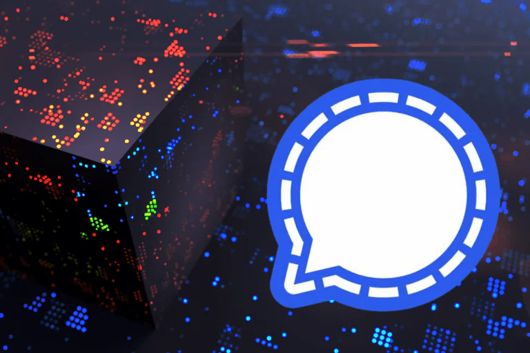 logotipo feito de balão de mensagem sobre fundo simulando criptografia ilustra artigo sobre o Signal: o que é e como funciona