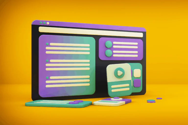 a imagem do artigo sobre site SharePoint é uma ilustração colorida e minimalista de uma interface de usuário personalizada. A imagem apresenta elementos representando páginas da web, como menus, botões e seções de texto, com cores vibrantes como roxo, verde e amarelo. O fundo amarelo brilhante destaca os detalhes do design, remetendo a um ambiente digital moderno e interativo.