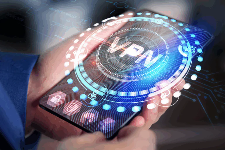 imagem de um smartphone exibindo a palavra 'VPN' em um design futurista, com ícones de segurança digital e elementos gráficos tecnológicos ao fundo, representando conectividade e proteção de dados, ilustra artigo sobre configuração de VPN com pfSense