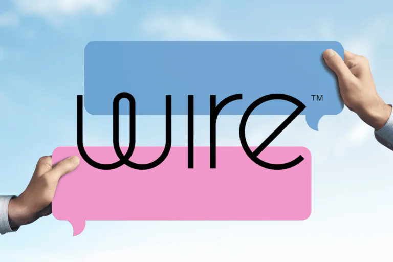 logotipo da Wire sobre fundo de balões de fala simulando troca de mensagens