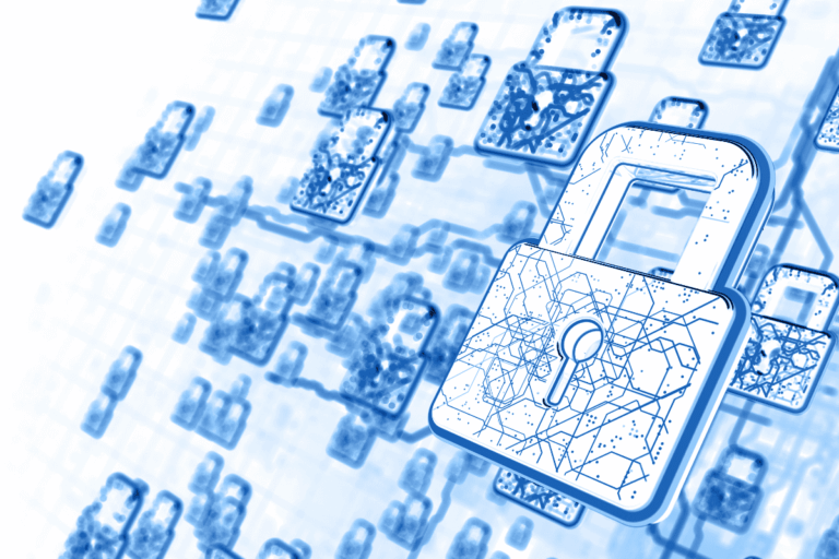 Ilustração digital em tons de azul mostrando cadeados interconectados em uma rede, simbolizando segurança cibernética e proteção de dados, representando a análise de desempenho em redes corporativas.