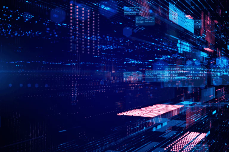 ilustra artigo sobre configurar redes virtuais no Azure uma foto conceitual de rede virtual, em neon vermelho r azul claro, toda composta em bits, e fundo azul escuro