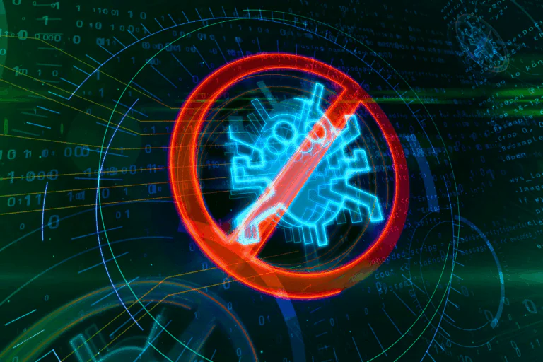 ilustrando artigo sobre melhor antivírus gratuito, a imagem apresenta uma ilustração digital que simboliza a proteção contra vírus de computador. No centro, há um ícone de um inseto, estilizado para representar um vírus, cercado por um círculo vermelho com uma linha diagonal, indicando a proibição ou a eliminação do vírus. O fundo é composto por uma série de códigos binários e elementos gráficos abstratos, representando o ambiente digital e a cibernética. Linhas e formas circulares em tons de verde e azul se sobrepõem, criando um efeito dinâmico que evoca a complexidade e a atividade constante do mundo digital. A imagem ilustra um artigo sobre o melhor antivírus gratuito e transmite uma mensagem de segurança cibernética e proteção contra ameaças digitais.