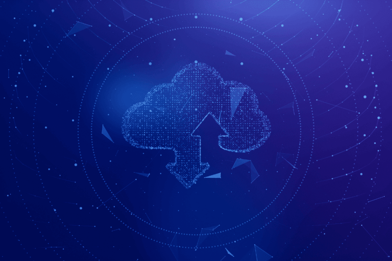 ícone da nuvem com setas de ida e vinda em pontilhado, azul neon, ilustra artigo sobre migração de e-mails para a nuvem