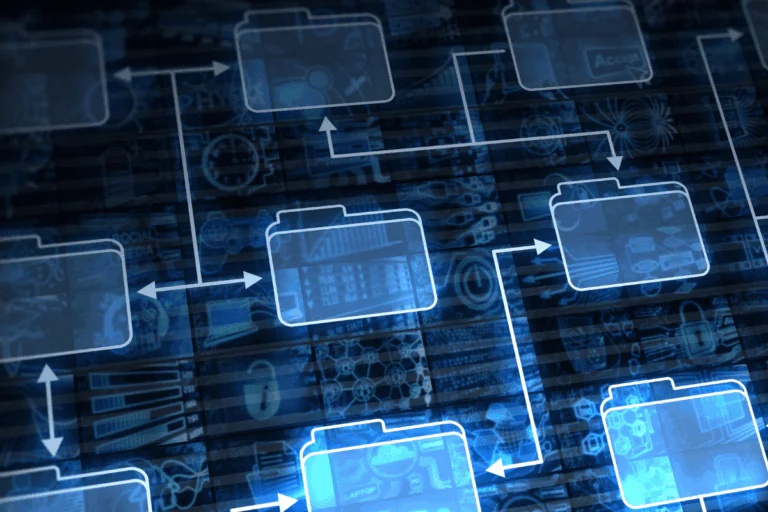 diagrama digital de pastas interconectadas representando fluxo de dados e automação, ideal para ilustrar a migração de sistemas legados para o SharePoint e a modernização da gestão de informações.