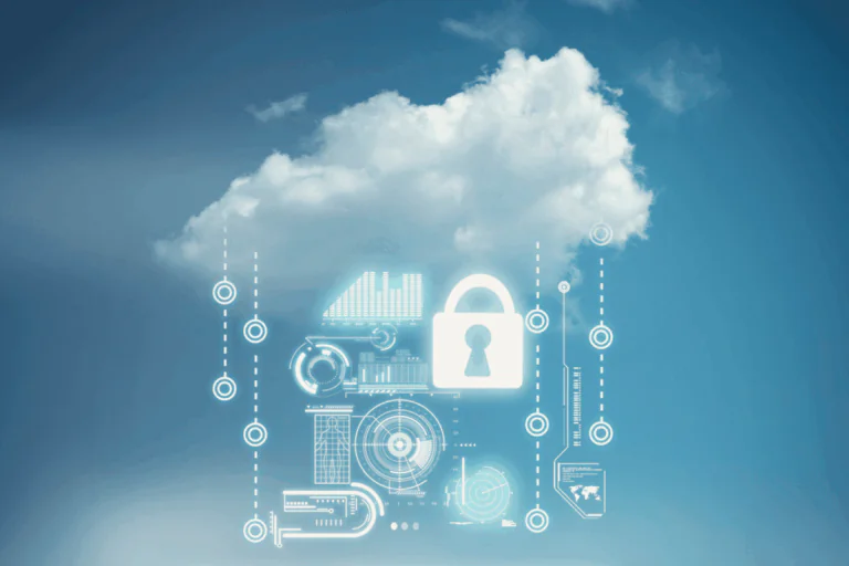 nuvem branca flutuando em um céu azul claro, representando o conceito de computação em nuvem. Na frente da nuvem, há uma série de gráficos digitais em tons de branco, incluindo um cadeado em destaque, simbolizando a segurança de dados na nuvem. Linhas pontilhadas conectam vários ícones e gráficos, sugerindo a interconexão de sistemas e a proteção de informações digitais armazenadas na nuvem. A imagem transmite uma mensagem de proteção e segurança no ambiente virtual.