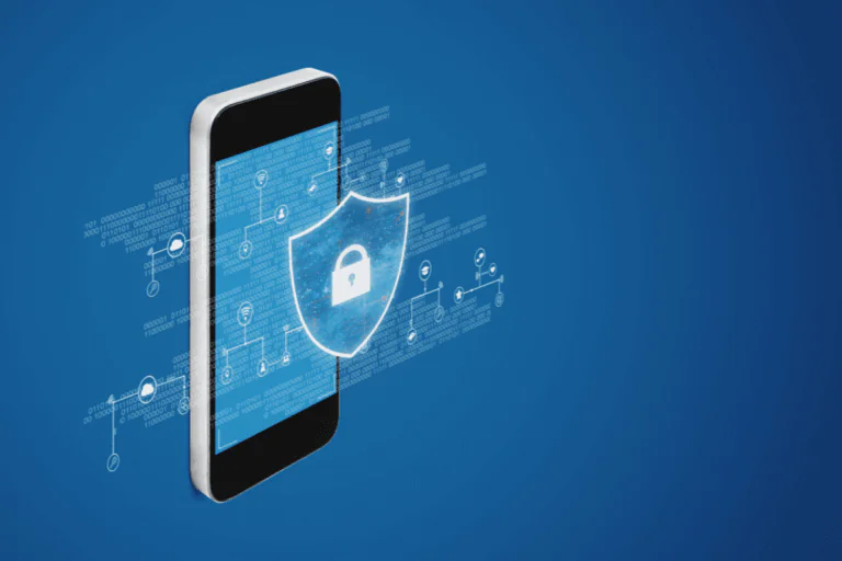 silhueta de iPhone com ilustração de cadeado em fundo azul royal destaca artigo sobre segurança de dispositivos móveis