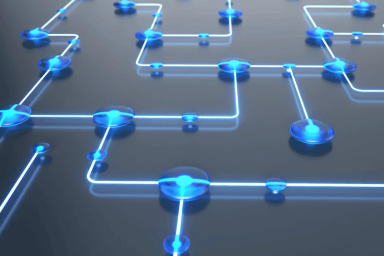 Representação visual de uma rede de automação digital com linhas e pontos luminosos conectados em um fundo escuro, simbolizando fluxos de trabalho interligados e processos automatizados, ilustra artigo sobre templates no Power Automate da Microsoft.
