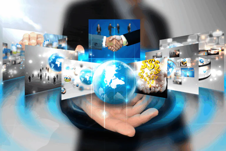 ilustrando artigo sobre uso do SharePoint nas empresas, com tendências atuais e futuras, temos a imagem abstrata de mão segurando um globo terrestre com conexões digitais, cercado por múltiplos painéis flutuantes que exibem elementos de negócios, tecnologia e colaboração, como pessoas, gráficos e apertos de mão, representando inovação e conectividade global.