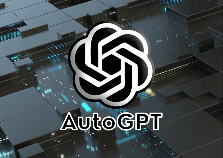 Sobre um fundo composto por placas de computadores, está a logo do AutoGPT nas cores preto e branco, e, escrito abaixo, em preto com bordas brancas, está o nome da aplicação.