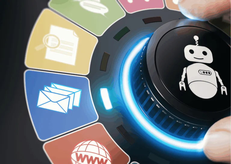 Sobre fundo preto, um botão de giro tem o desenho de um robô e, ao seu redor, estão dispostos ícones de carta, papel com lupa, botão de conversa, símbolo do mundo com www por cima; ao lado de cada símbolo, espaço para uma luz ser acesa a medida que o botão for girado; representa como automatizar tarefas repetitivas.