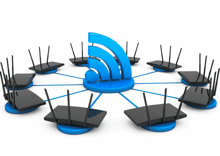 Sobre fundo branco, estão dispostos em círculo 10 roteadores pretos, em bases azuis que se conectam ao centro do círculo, em que está também uma base azul e, sobre ela, um símbolo de wi-fi, no mesmo tom de azul; exemplifica a diferença entre roteador doméstico e corporativo.
