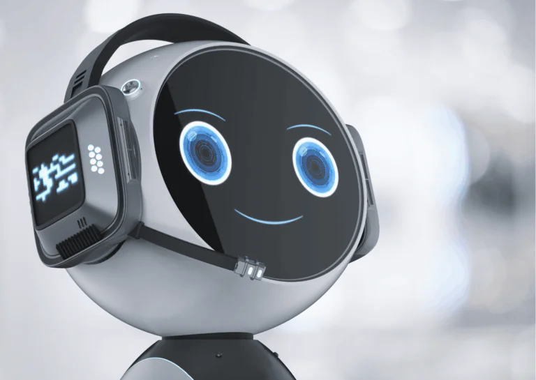 Sobre fundo branco, está um robô com cabeça em formato de um círculo achatado, pratieado, com a face preta e olhos azuis, está sorrindo e olhando para o horizonte; usa um headphone com microfone; exemplifica qual a diferença entre automação e automatização.