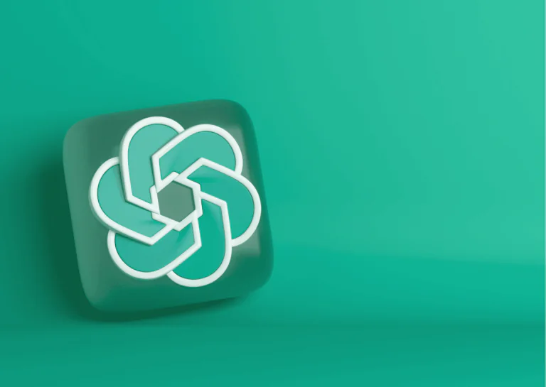 Sobre fundo da cor turquesa, está um quadrado turquesa em 3D com o símbolo do Zap GPT, que se assemelha a uma flor com bordas brancas e pétalas sobrepostas na cor turquesa.